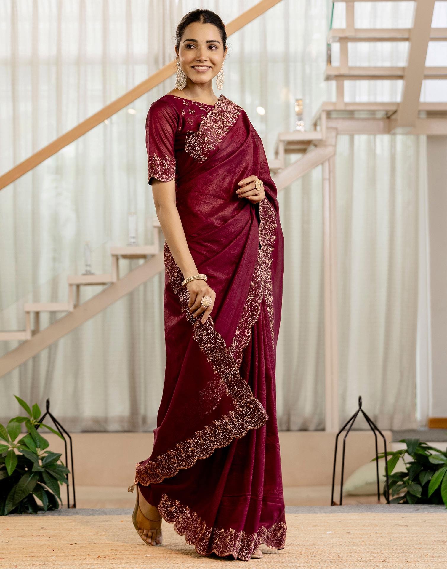 Maroon Tissue Silk Stone Work Swarovski Saree