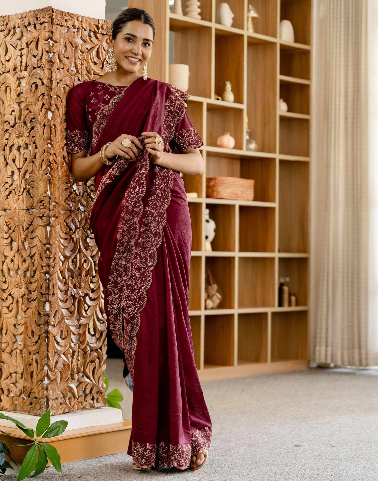 Maroon Tissue Silk Stone Work Swarovski Saree