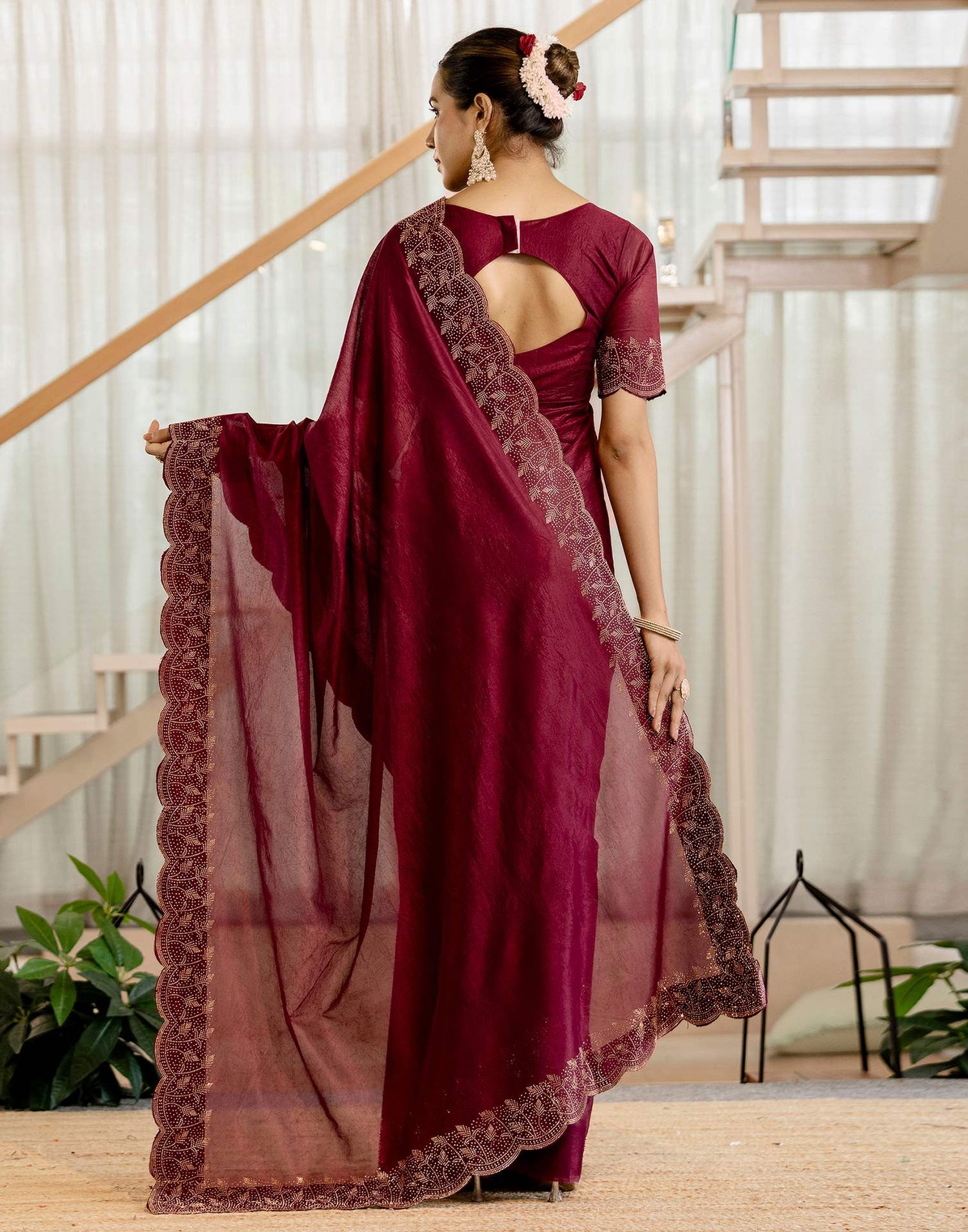 Maroon Tissue Silk Stone Work Swarovski Saree