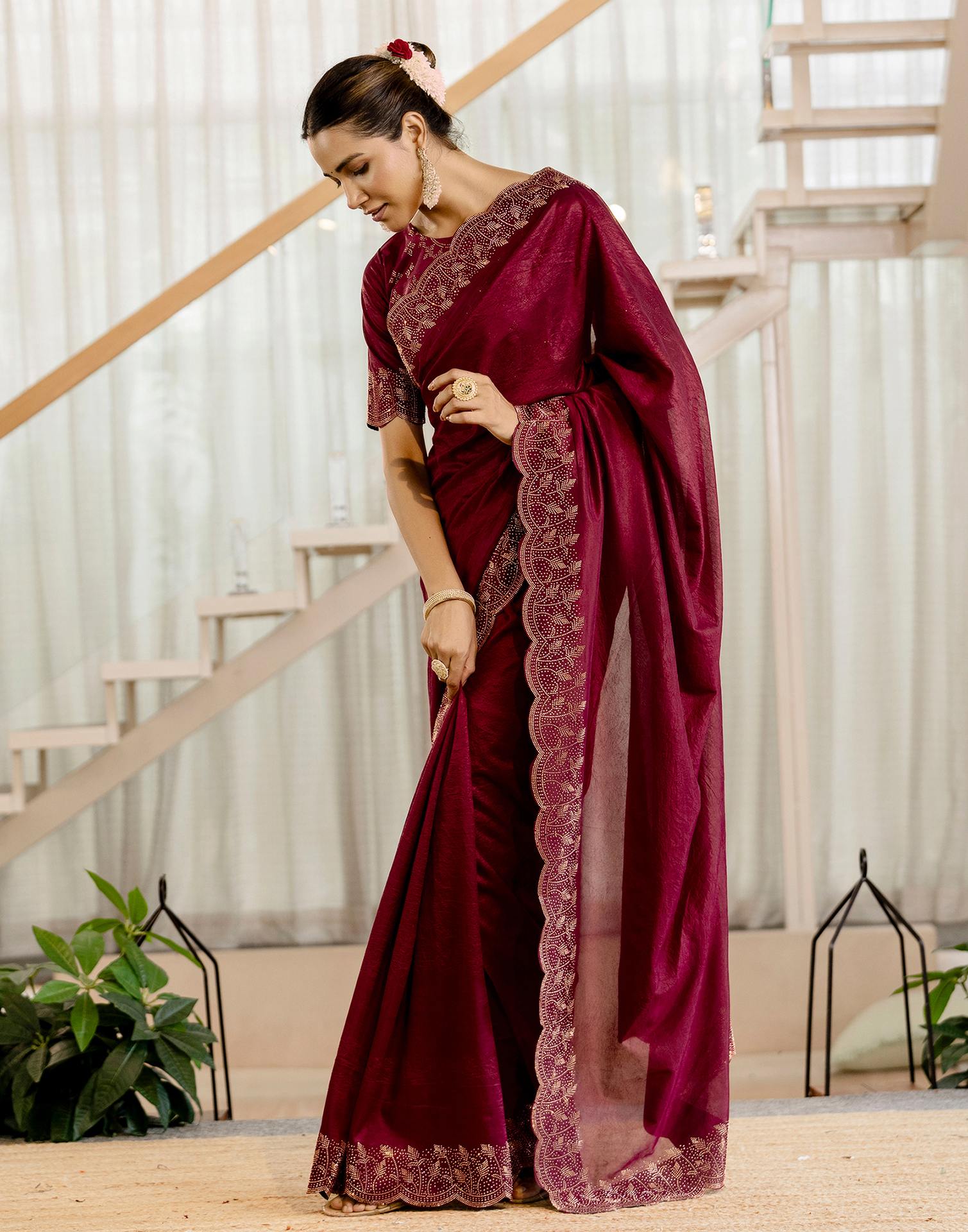 Maroon Tissue Silk Stone Work Swarovski Saree