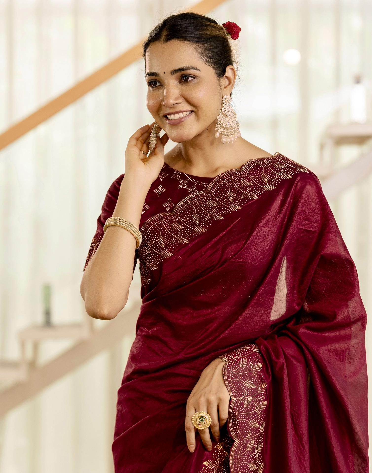 Maroon Tissue Silk Stone Work Swarovski Saree