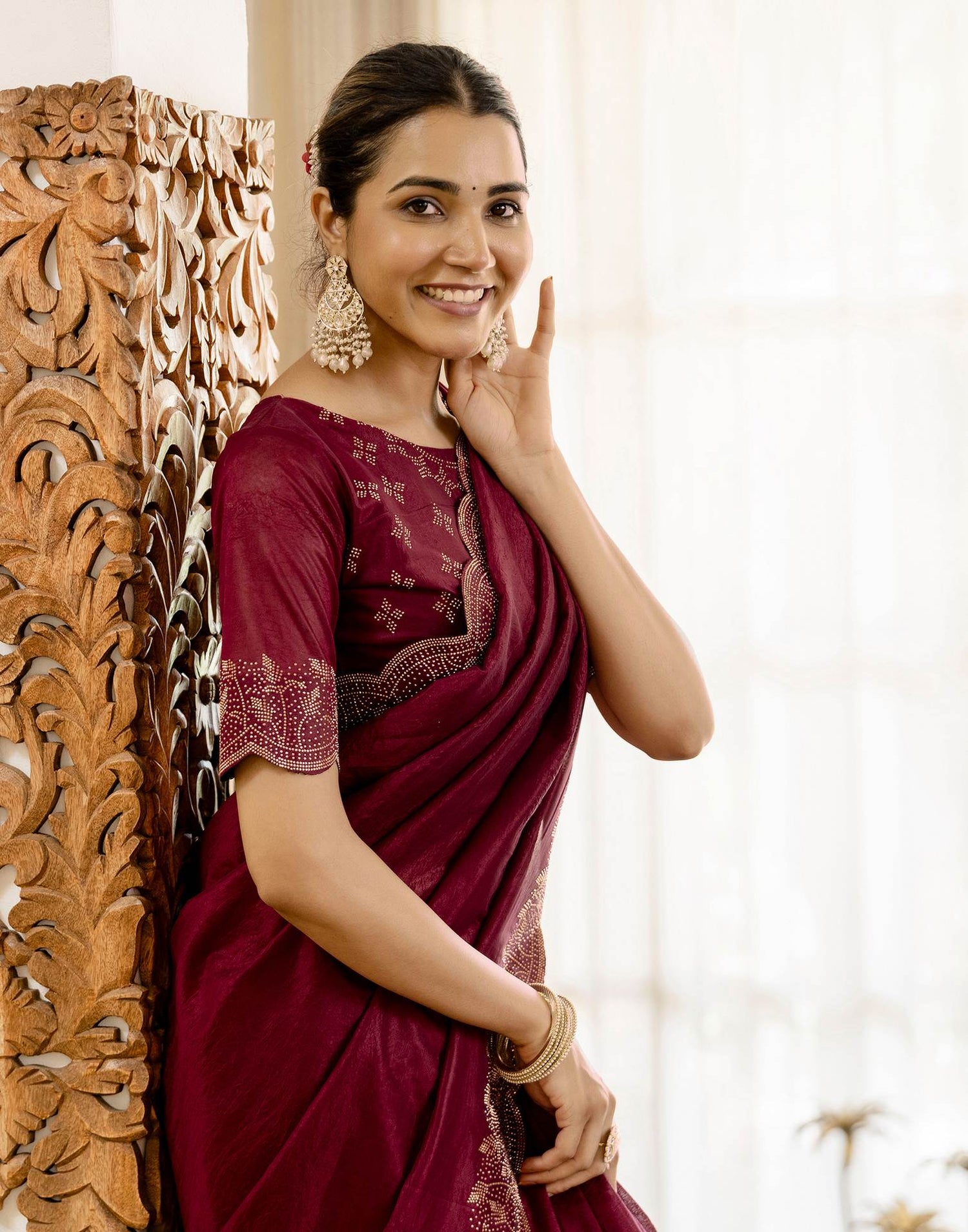Maroon Tissue Silk Stone Work Swarovski Saree