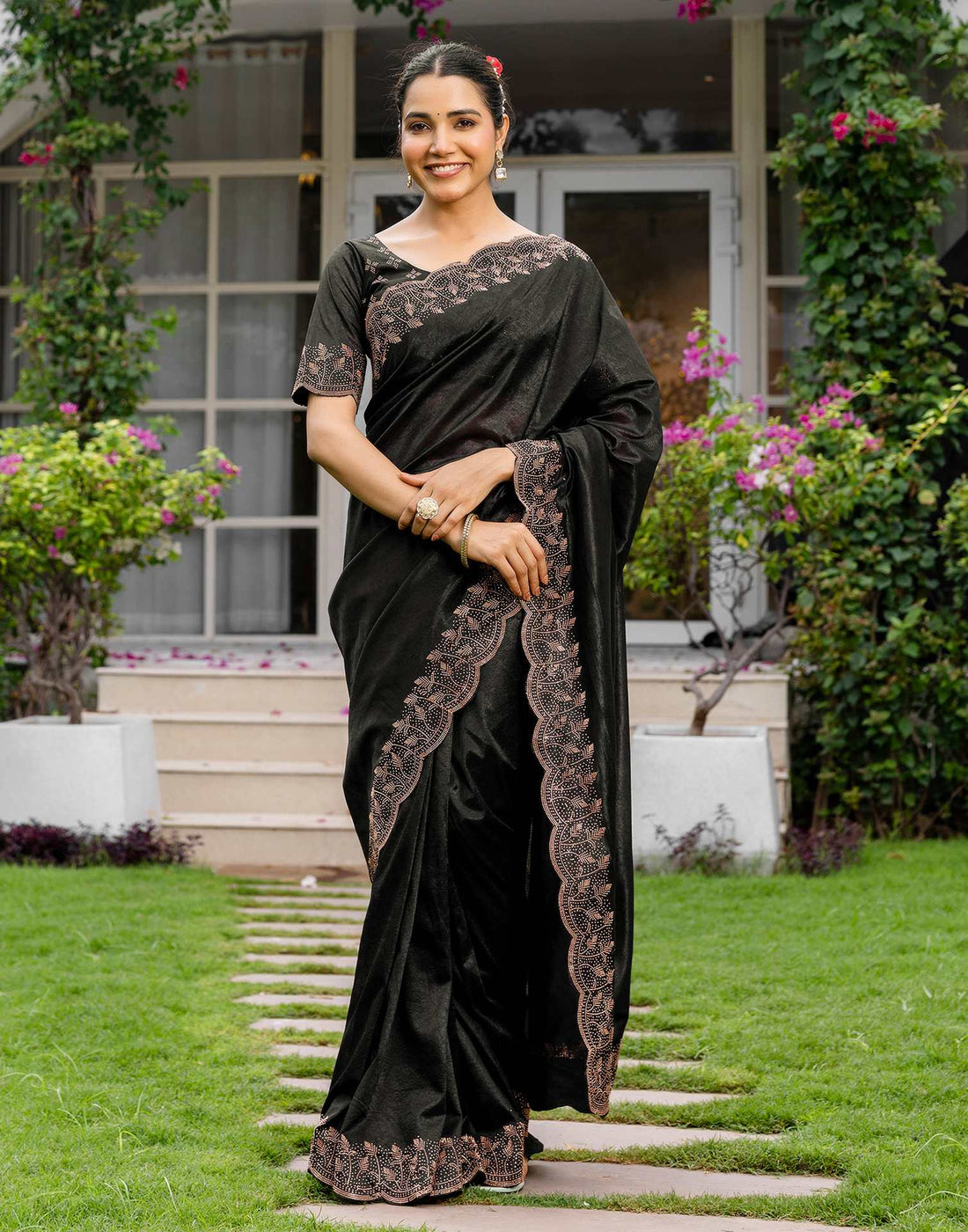 Black Tissue Silk Stone Work Swarovski Saree