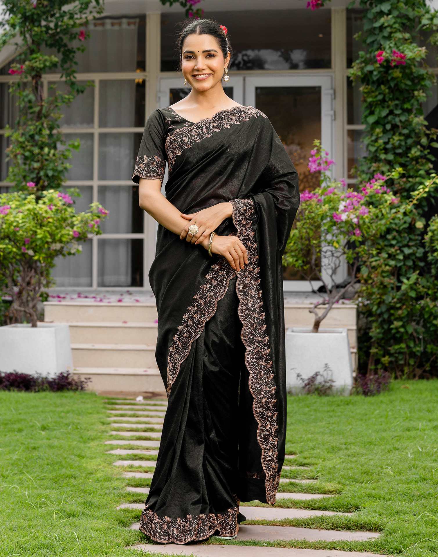 Black Tissue Silk Stone Work Swarovski Saree