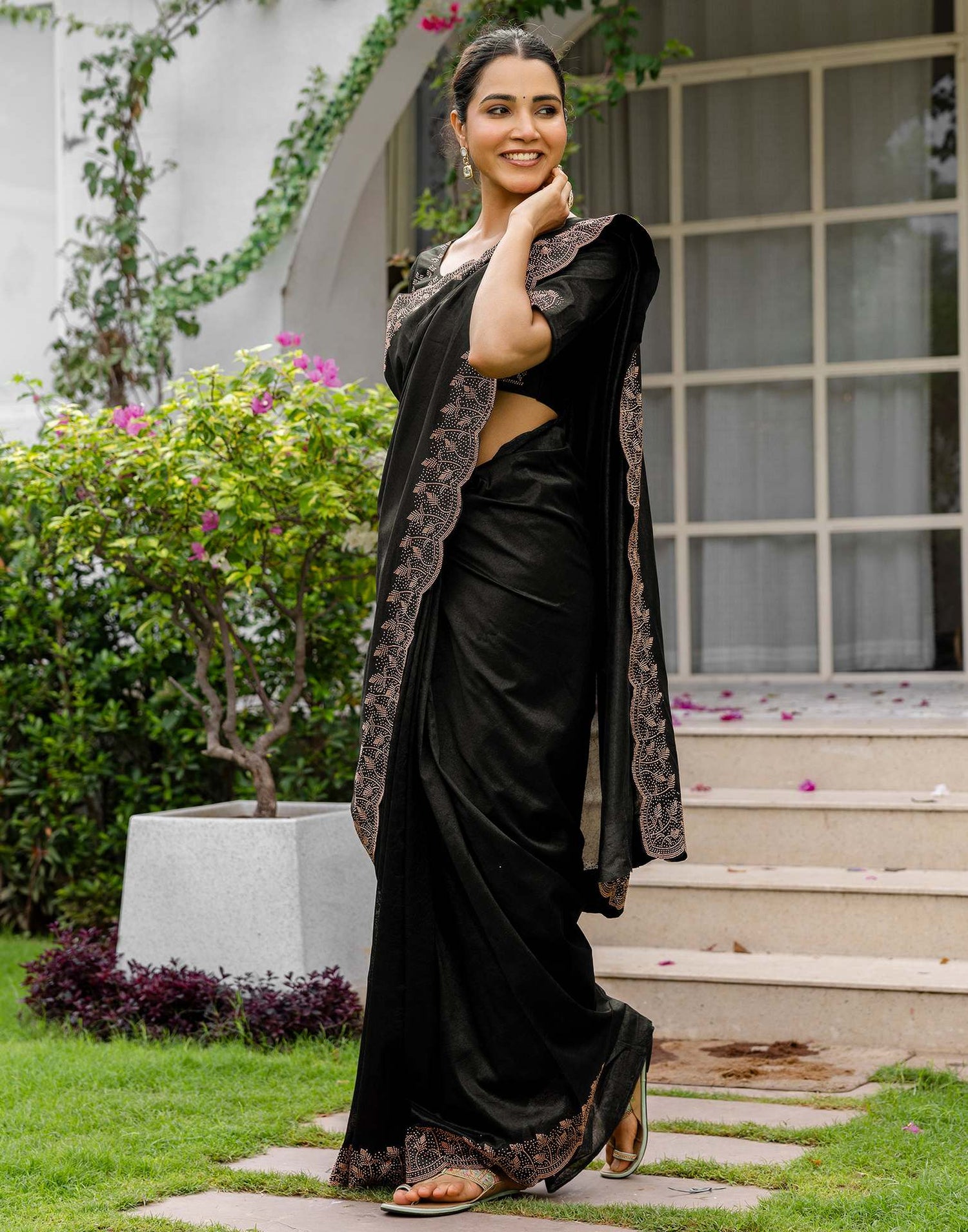 Black Tissue Silk Stone Work Swarovski Saree