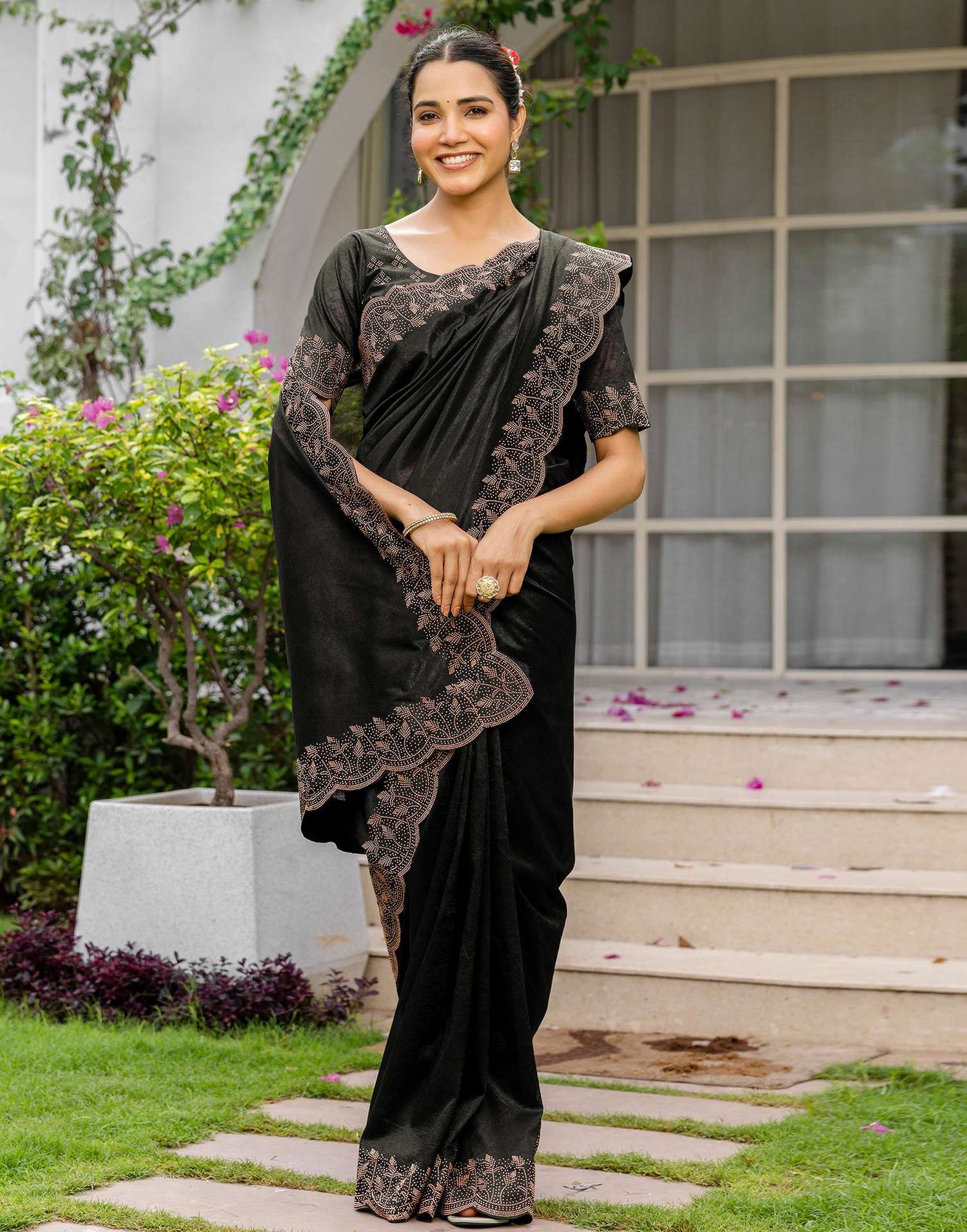 Black Tissue Silk Stone Work Swarovski Saree