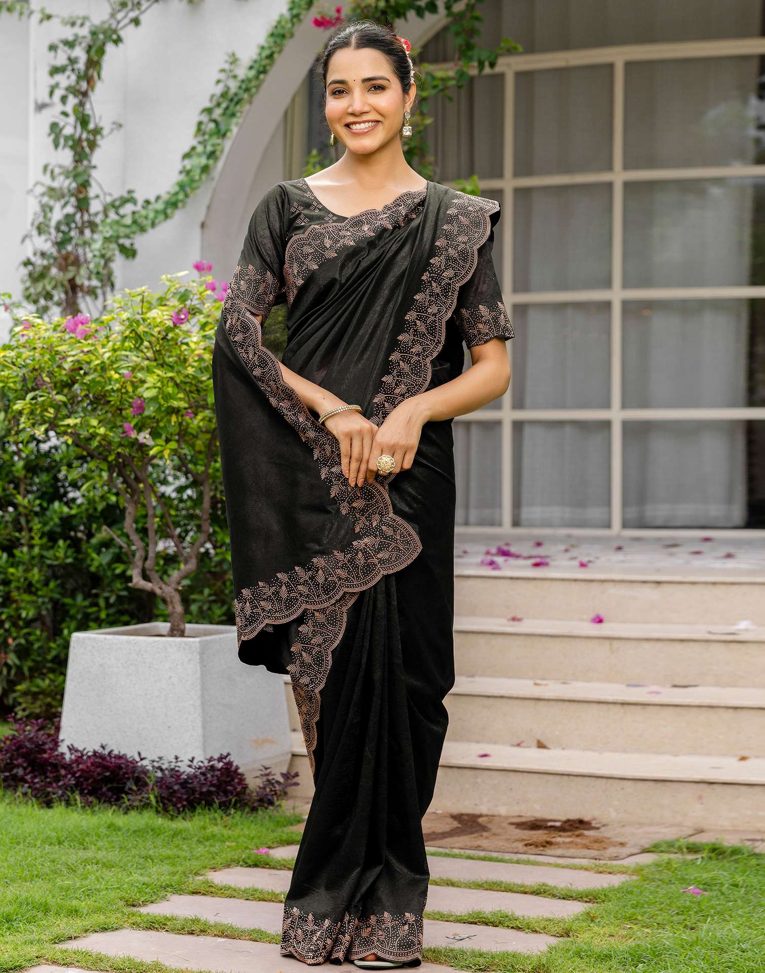 Black Tissue Silk Stone Work Swarovski Saree