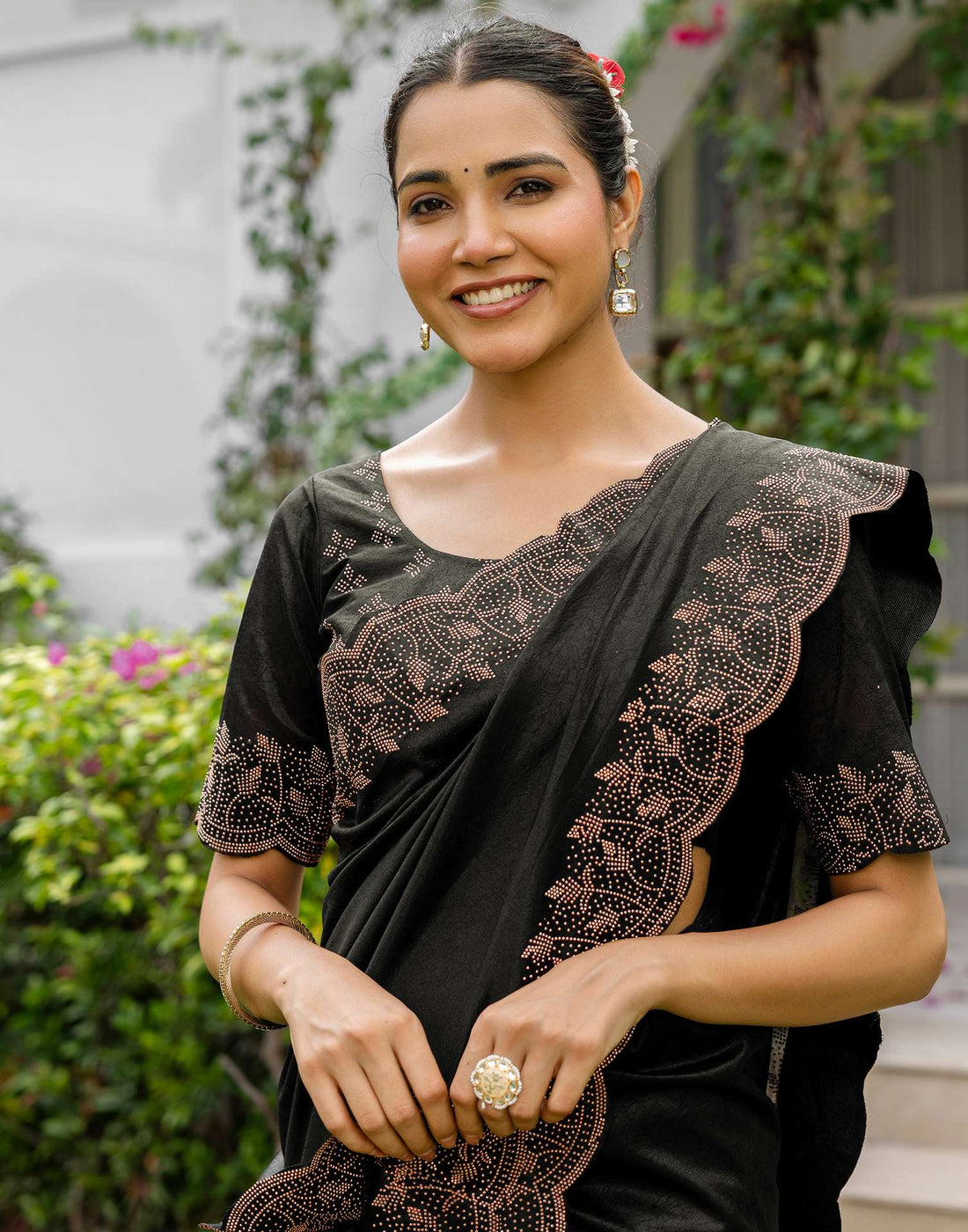 Black Tissue Silk Stone Work Swarovski Saree