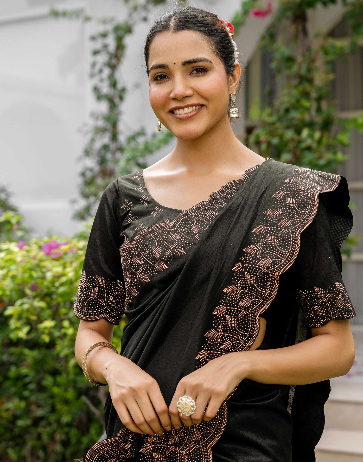 Black Tissue Silk Stone Work Swarovski Saree