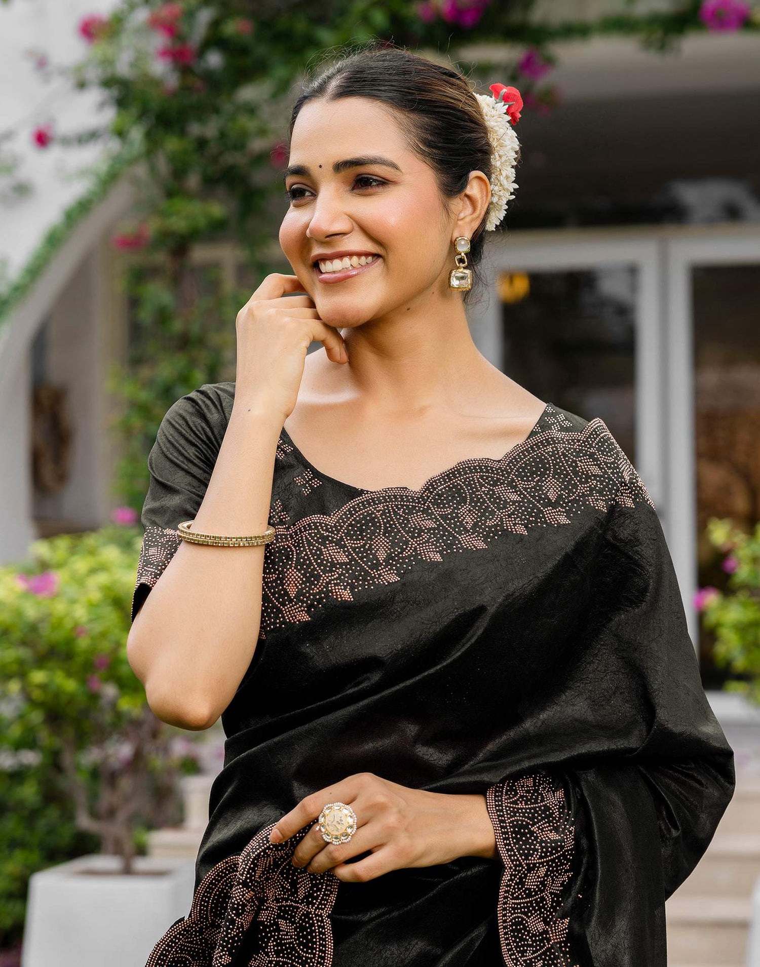 Black Tissue Silk Stone Work Swarovski Saree