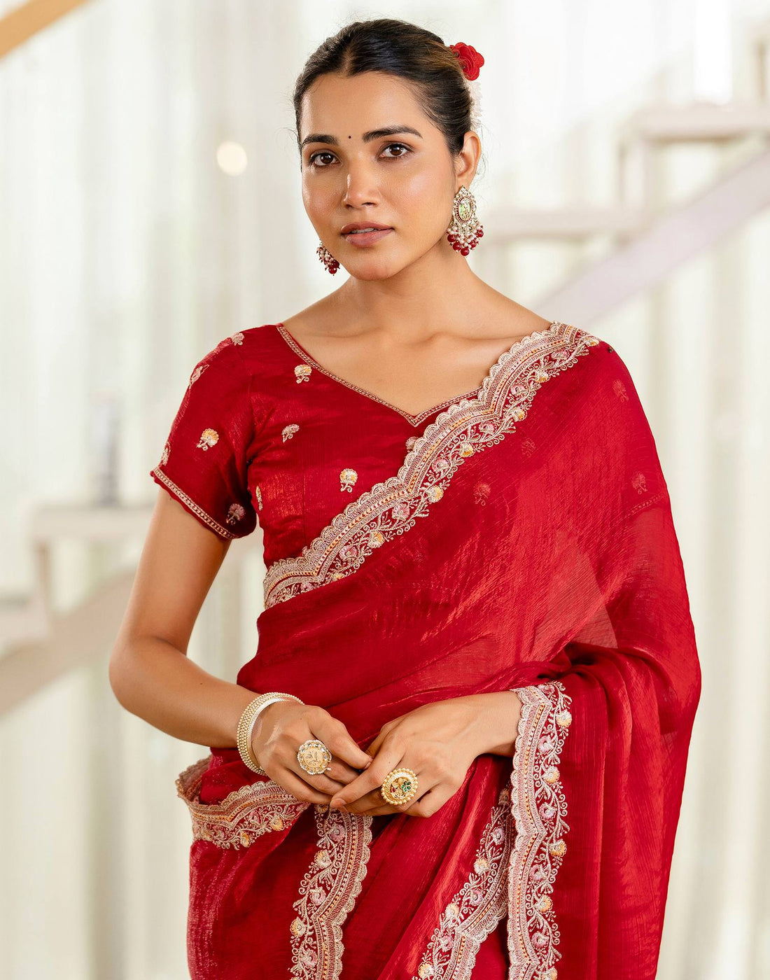 Red Shimmer Embroidery Saree