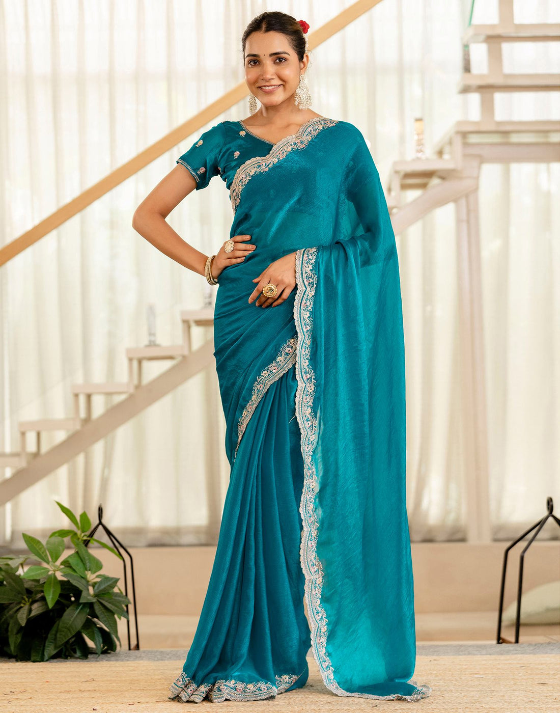 Turquoise Blue Shimmer Embroidery Saree
