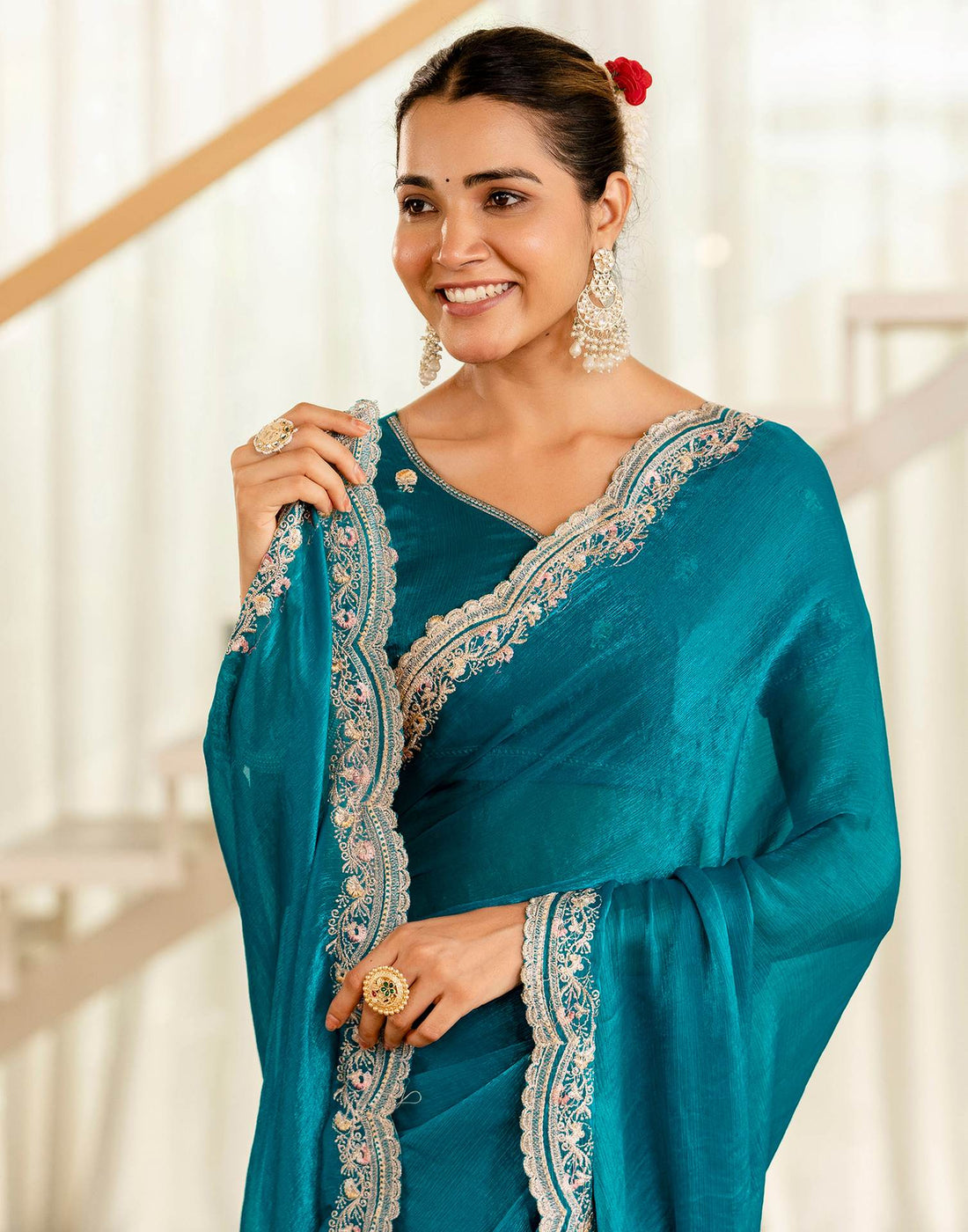 Turquoise Blue Shimmer Embroidery Saree