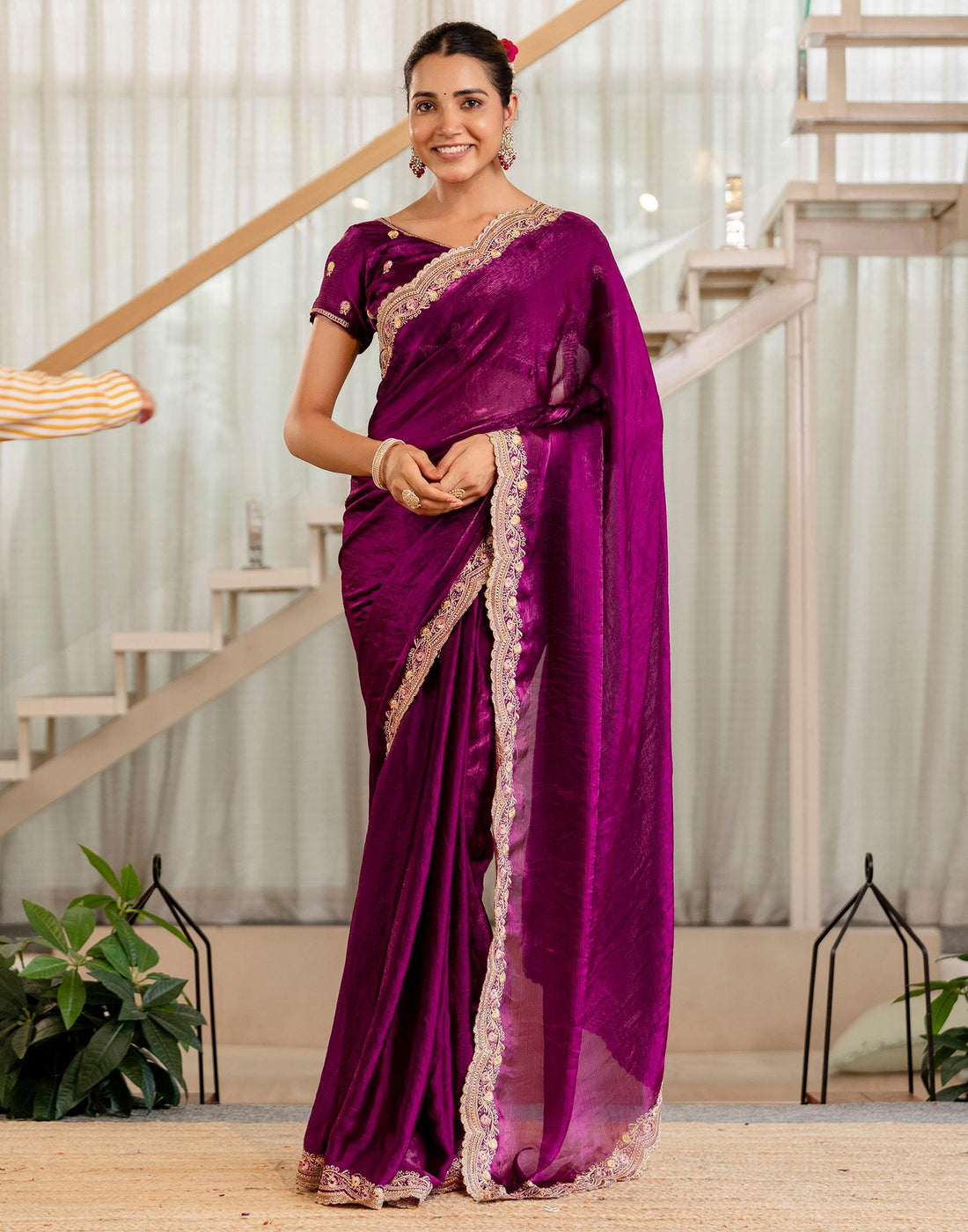 Magenta Shimmer Embroidery Saree