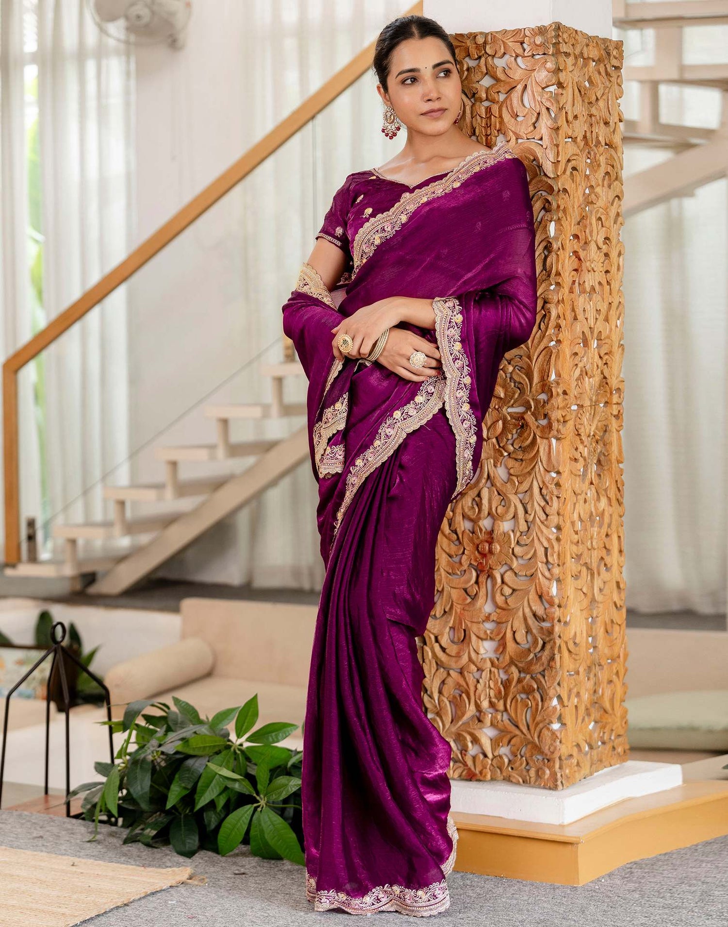 Magenta Shimmer Embroidery Saree