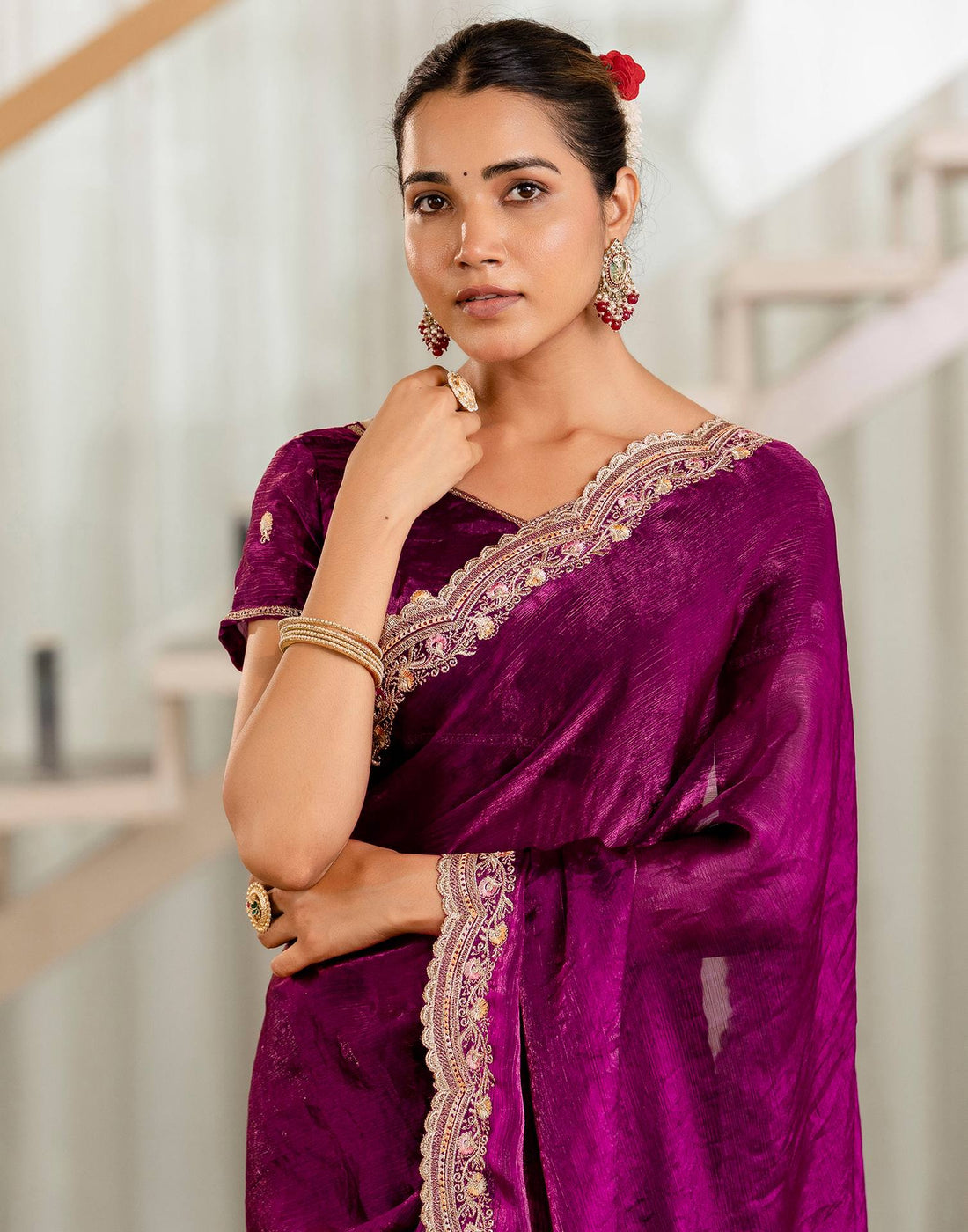 Magenta Shimmer Embroidery Saree