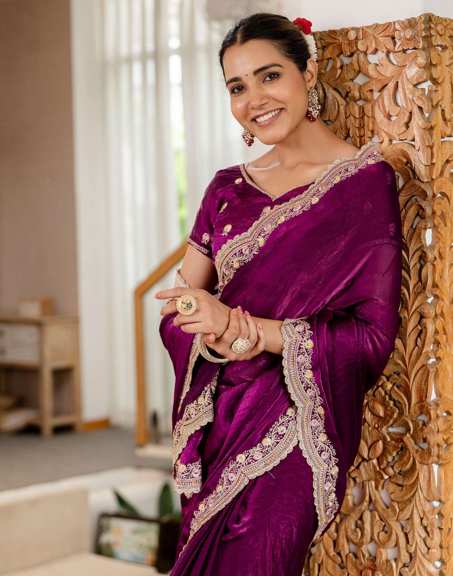 Magenta Shimmer Embroidery Saree