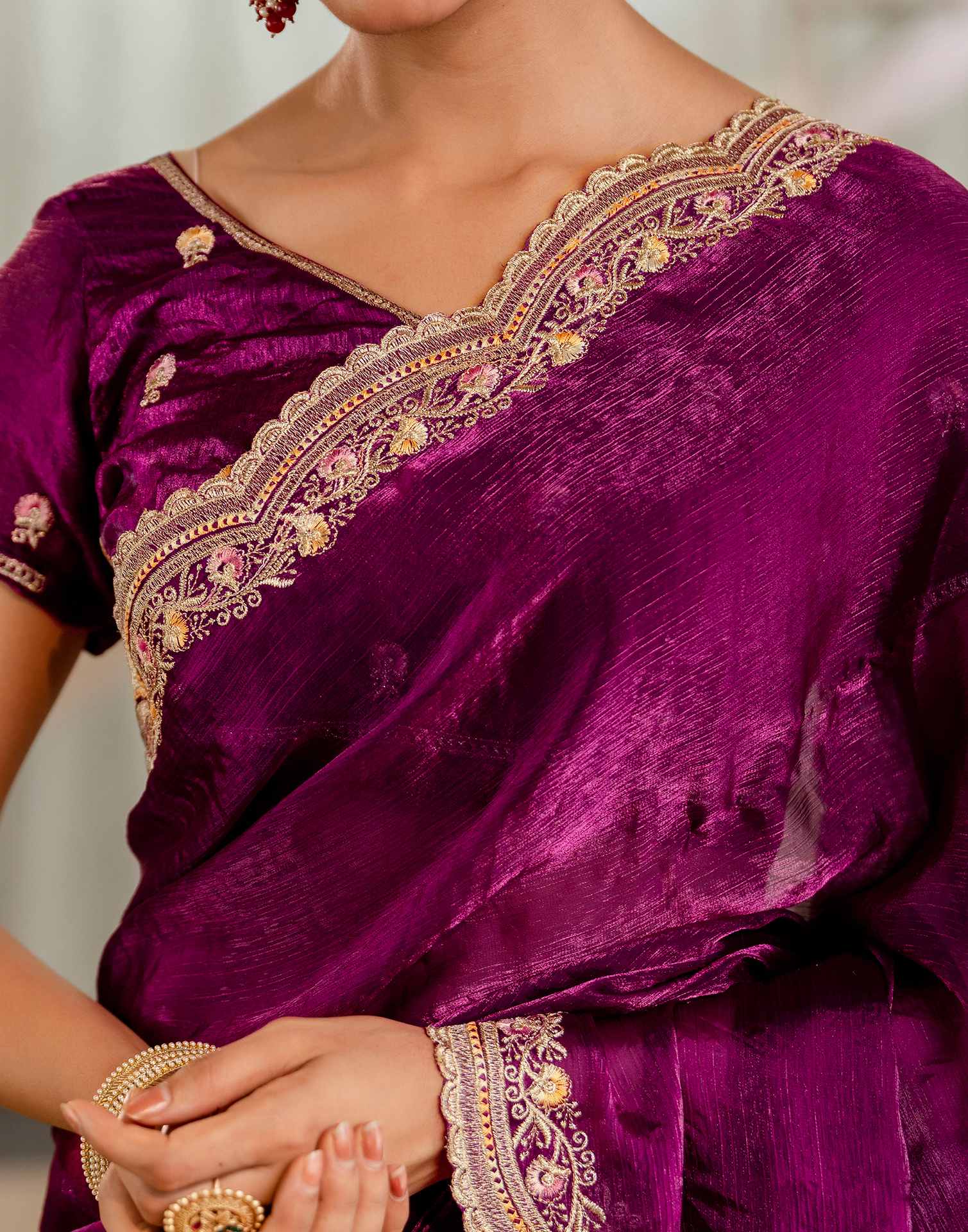 Magenta Shimmer Embroidery Saree