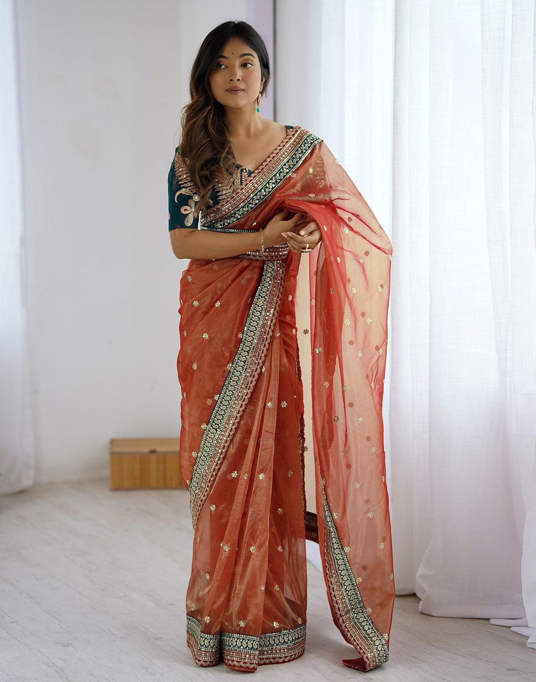 Red Shimmer Net Sequence Saree