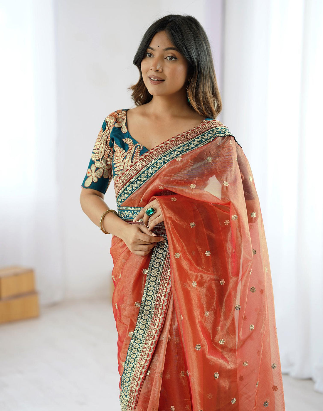 Red Shimmer Net Sequence Saree