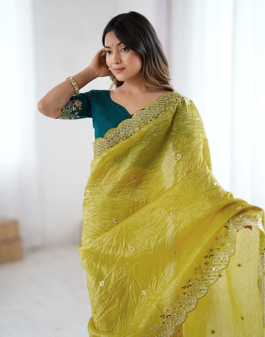 Lime Green Tissue Silk Sequence Embroidery Saree