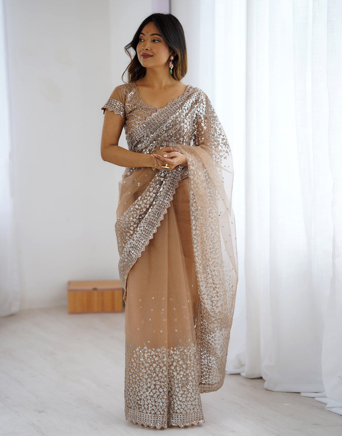 Dark Beige Net Sequence Saree