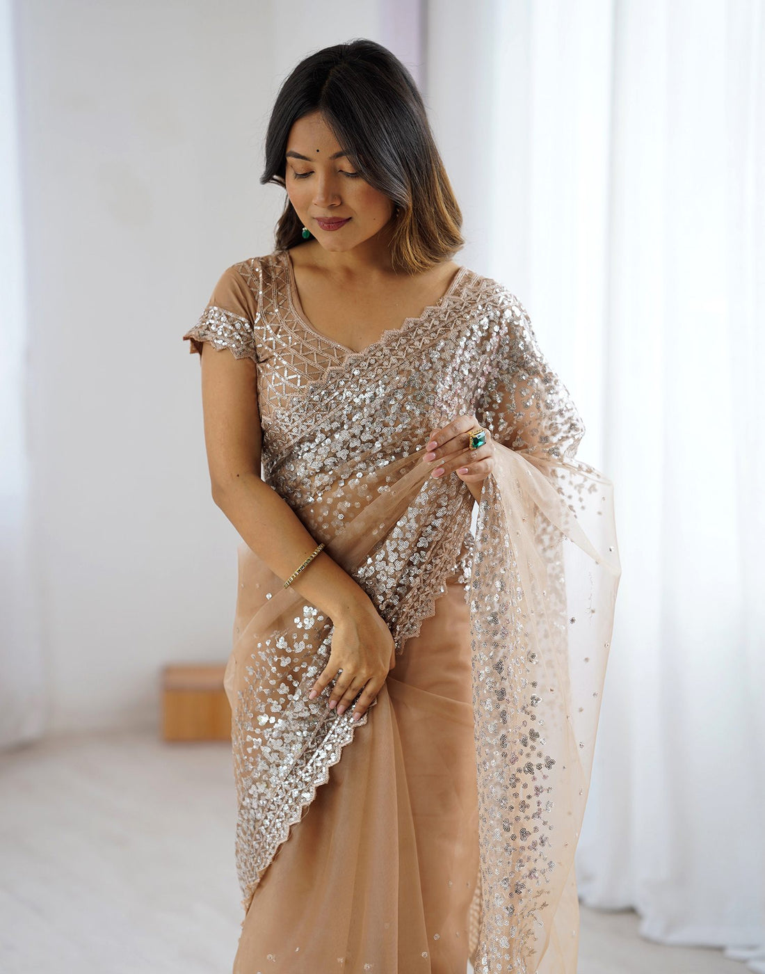 Dark Beige Net Sequence Saree