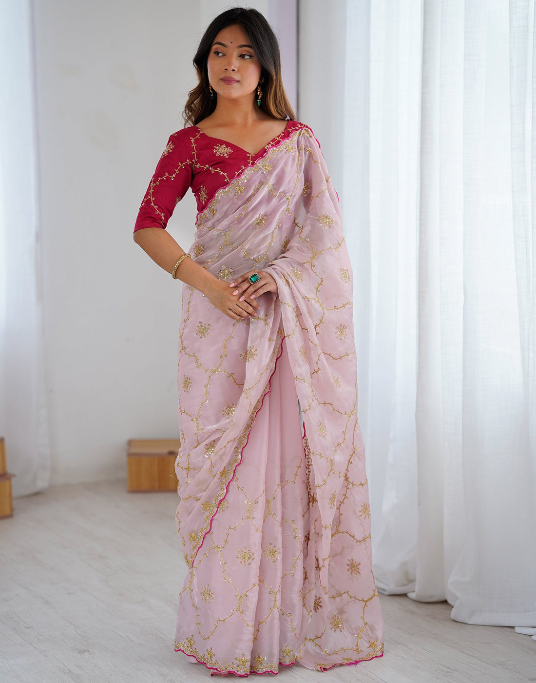 Light Pink Tissue Silk Sequence Embroidery Saree