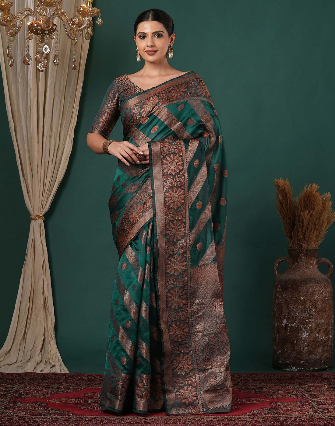 Teal Green Silk Woven Saree