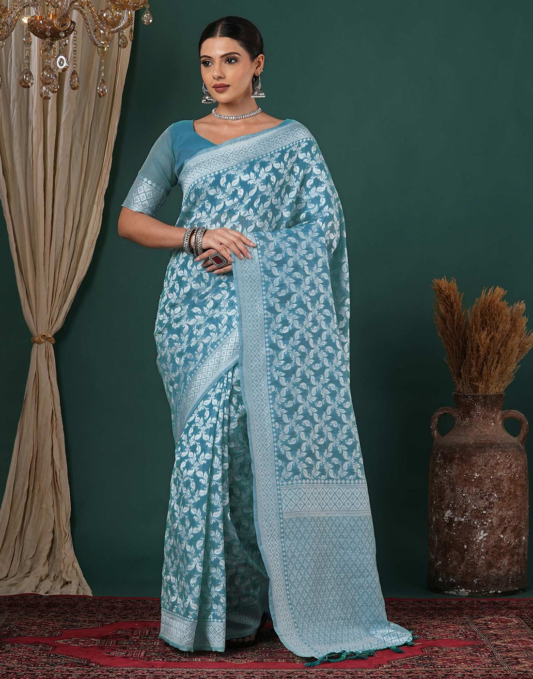 Turquoise Blue Chanderi Woven Saree