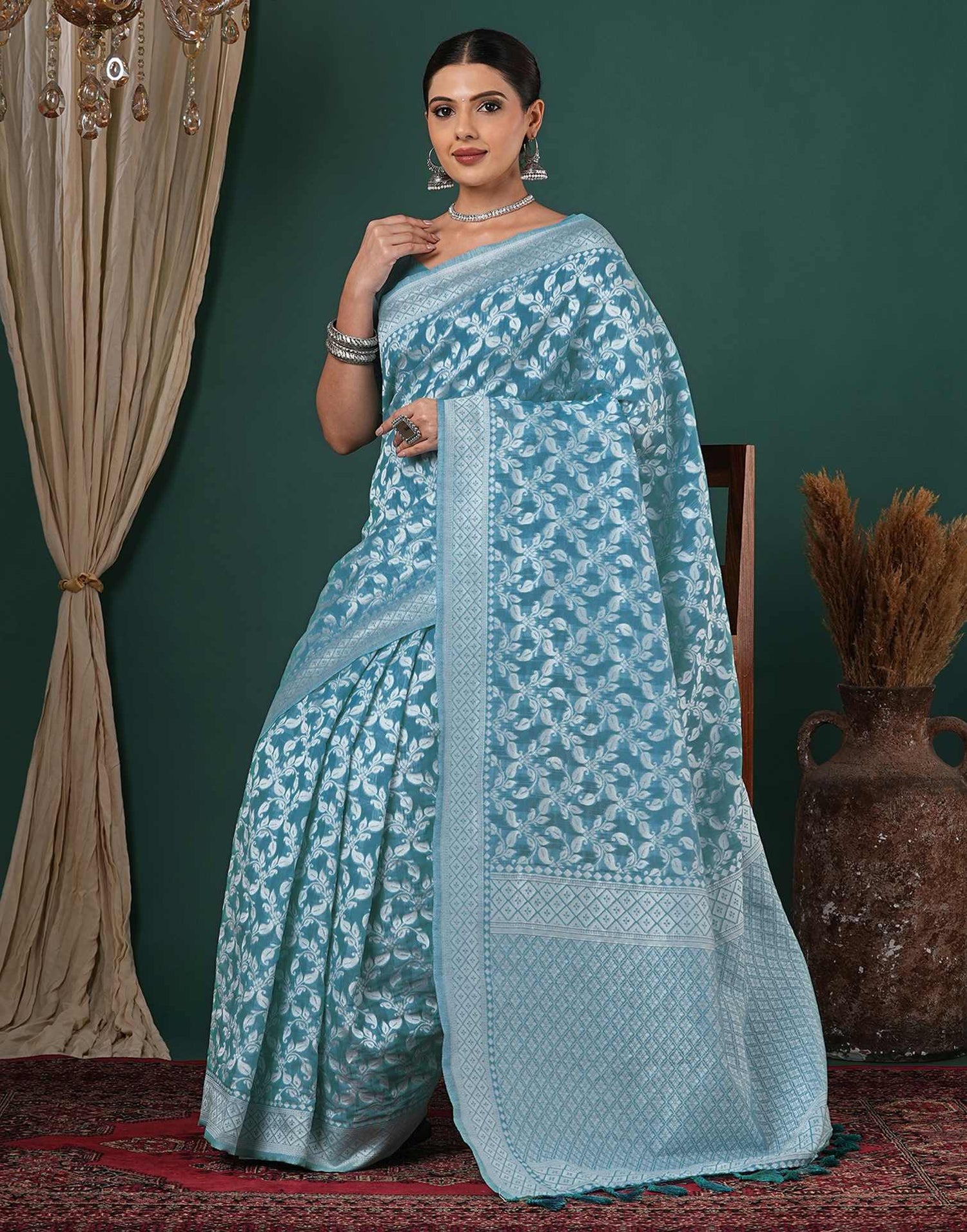 Turquoise Blue Chanderi Woven Saree