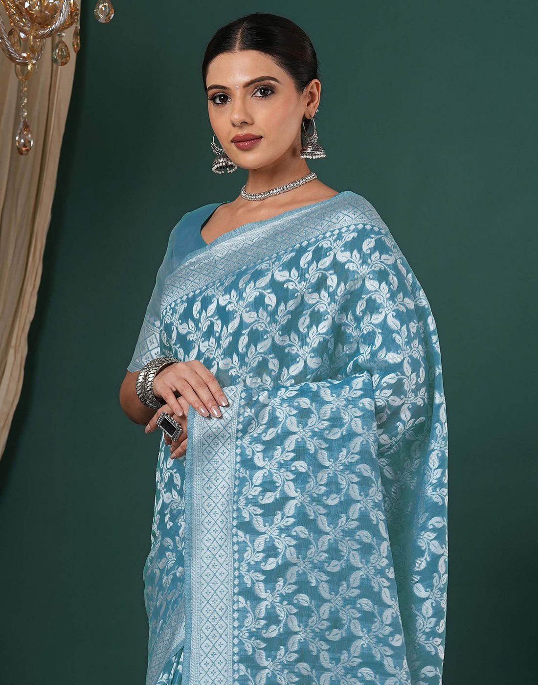 Turquoise Blue Chanderi Woven Saree
