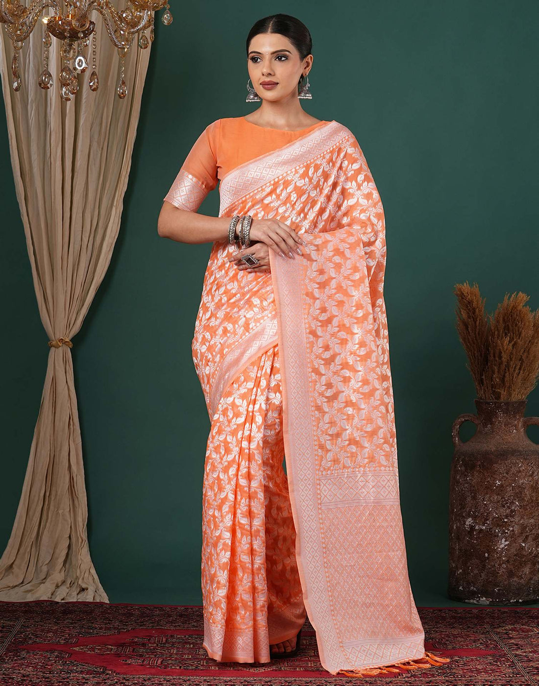 Light Orange Chanderi Woven Saree