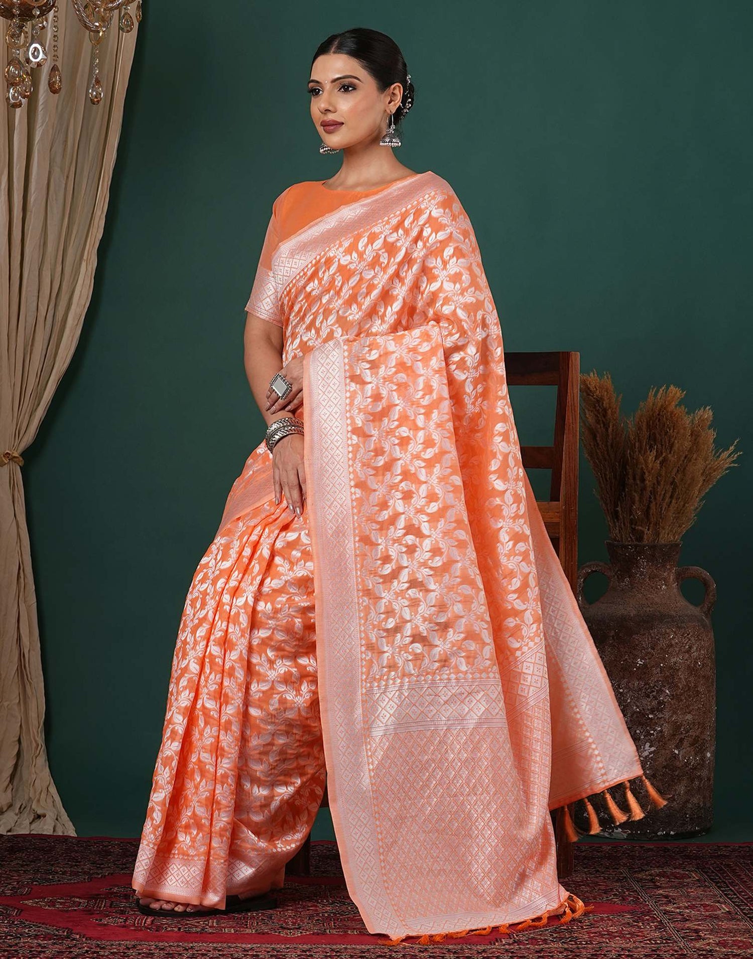 Light Orange Chanderi Woven Saree
