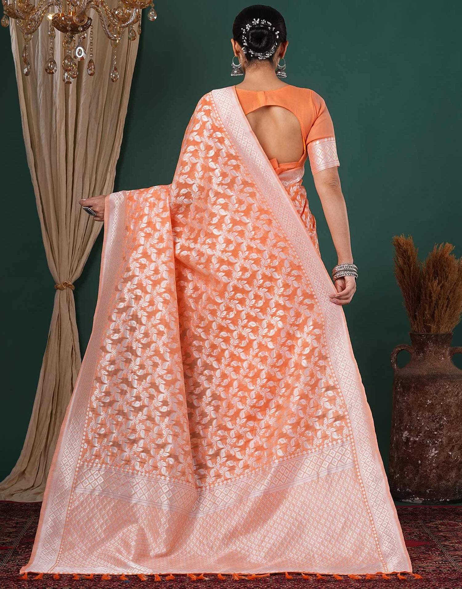 Light Orange Chanderi Woven Saree