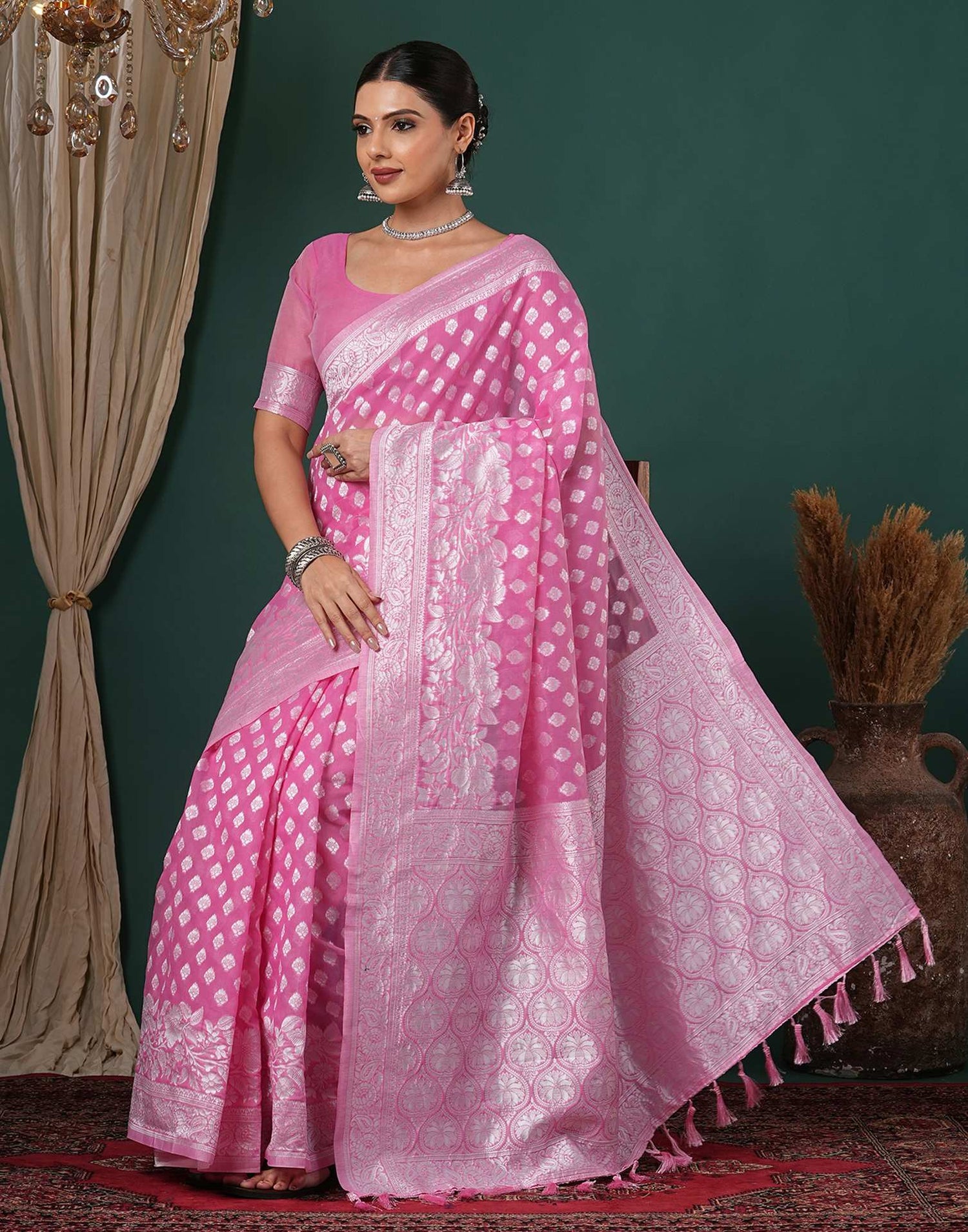 Light Pink Chanderi Woven Saree