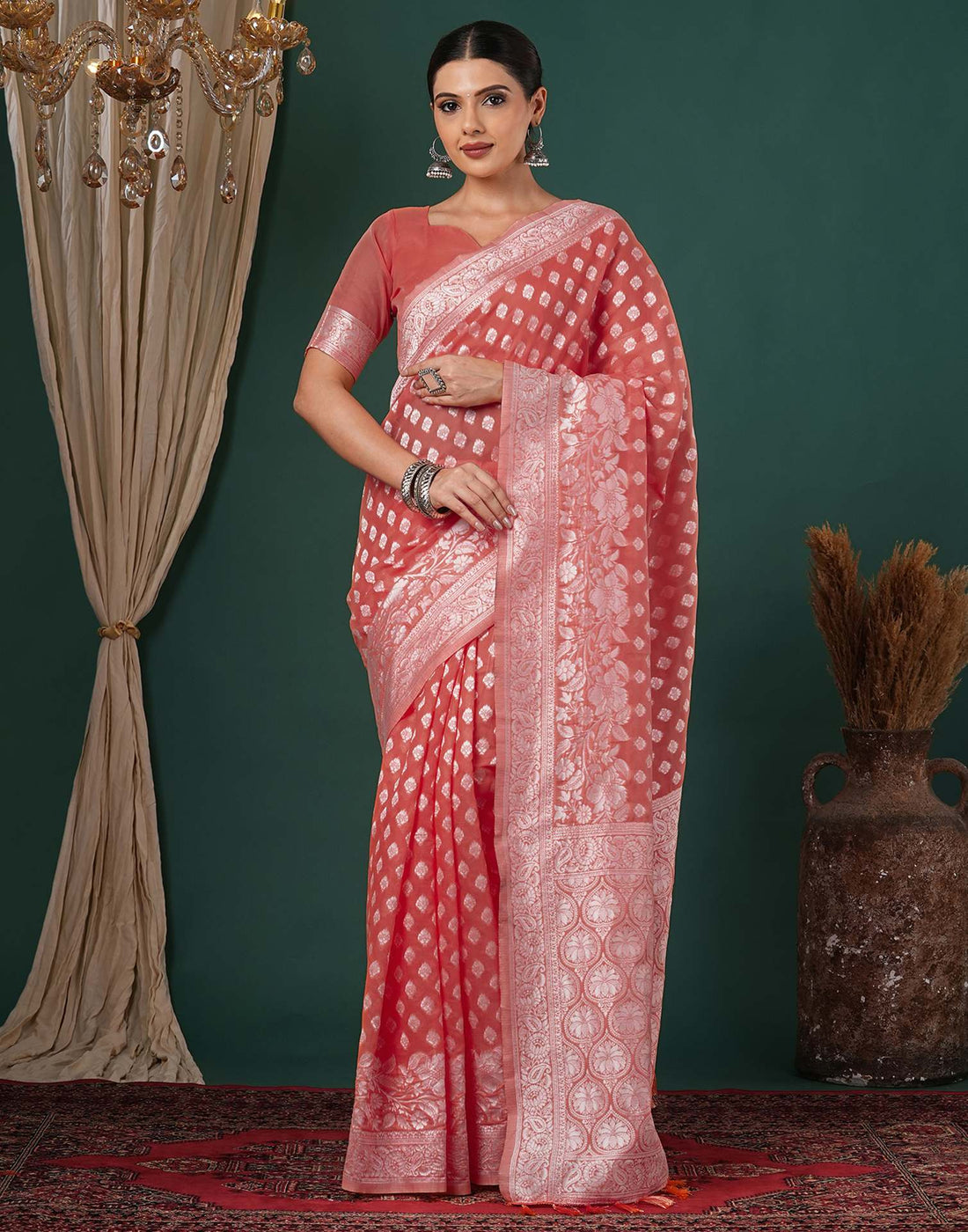 Coral Pink Chanderi Woven Saree