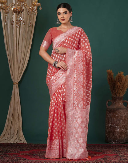 Coral Pink Chanderi Woven Saree
