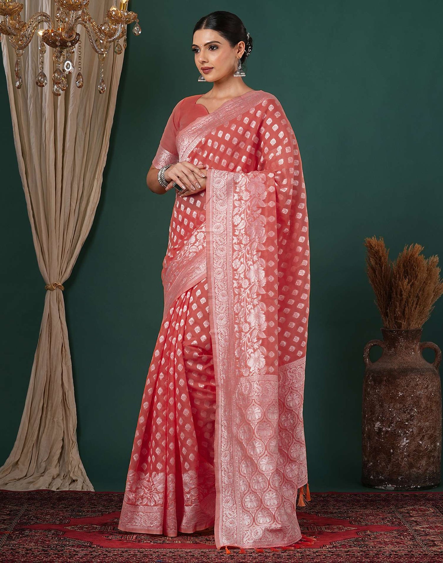 Coral Pink Chanderi Woven Saree