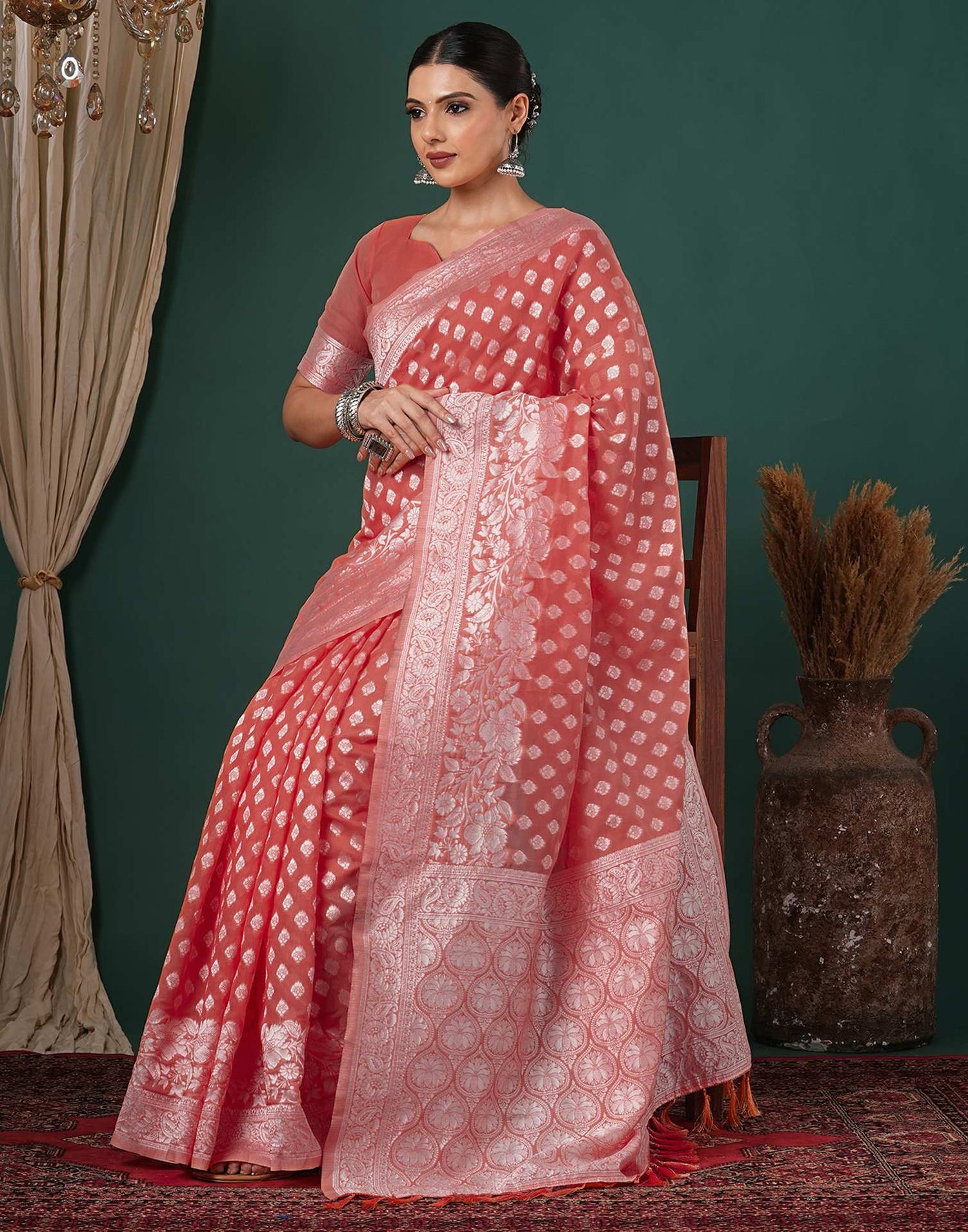 Coral Pink Chanderi Woven Saree