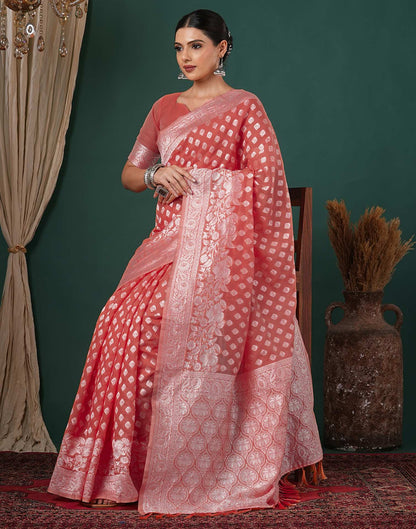 Coral Pink Chanderi Woven Saree