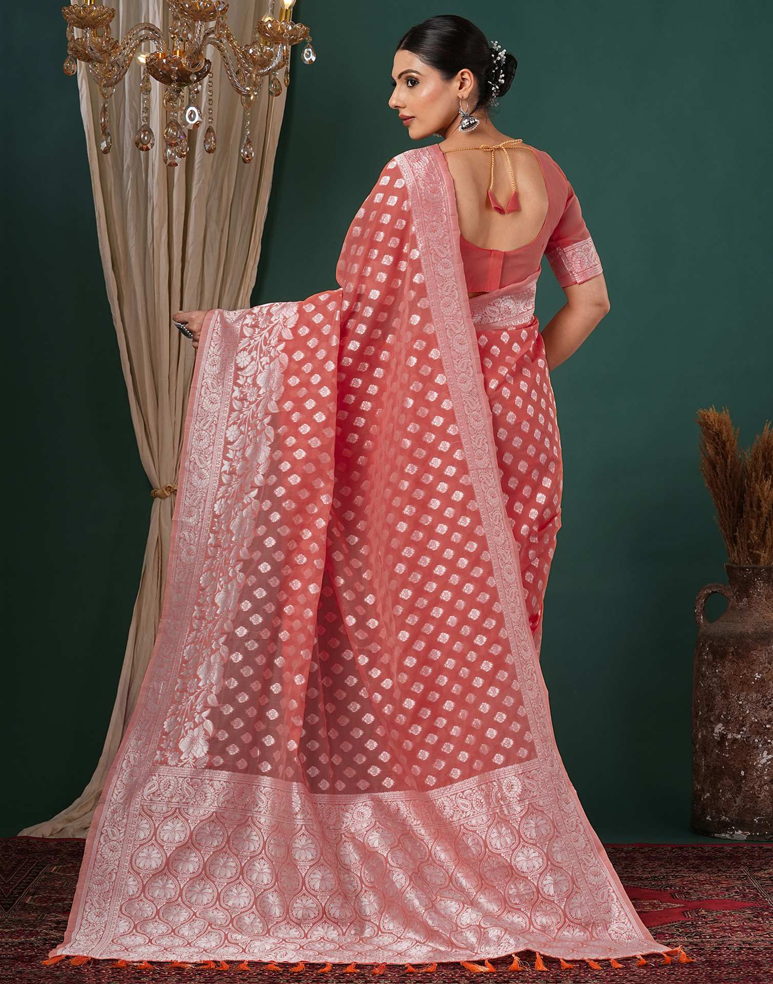 Coral Pink Chanderi Woven Saree