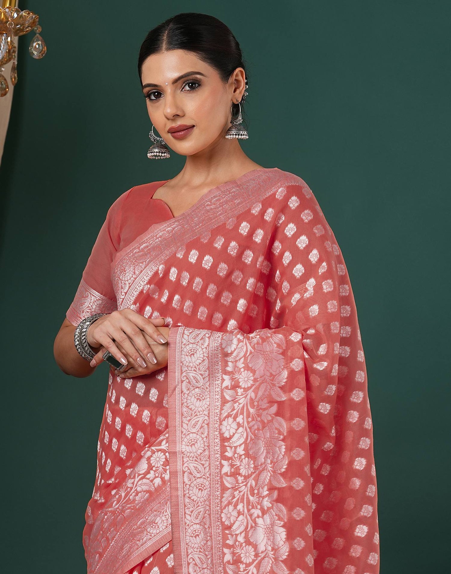 Coral Pink Chanderi Woven Saree