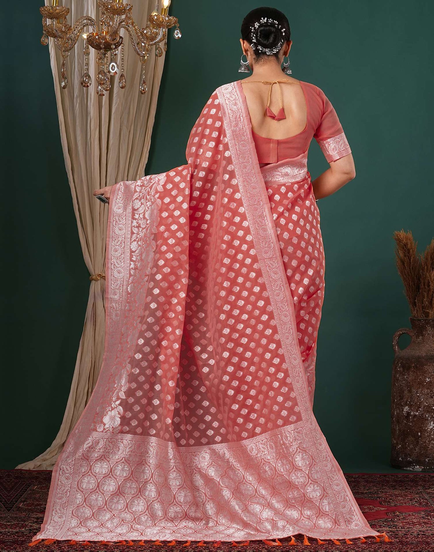 Coral Pink Chanderi Woven Saree