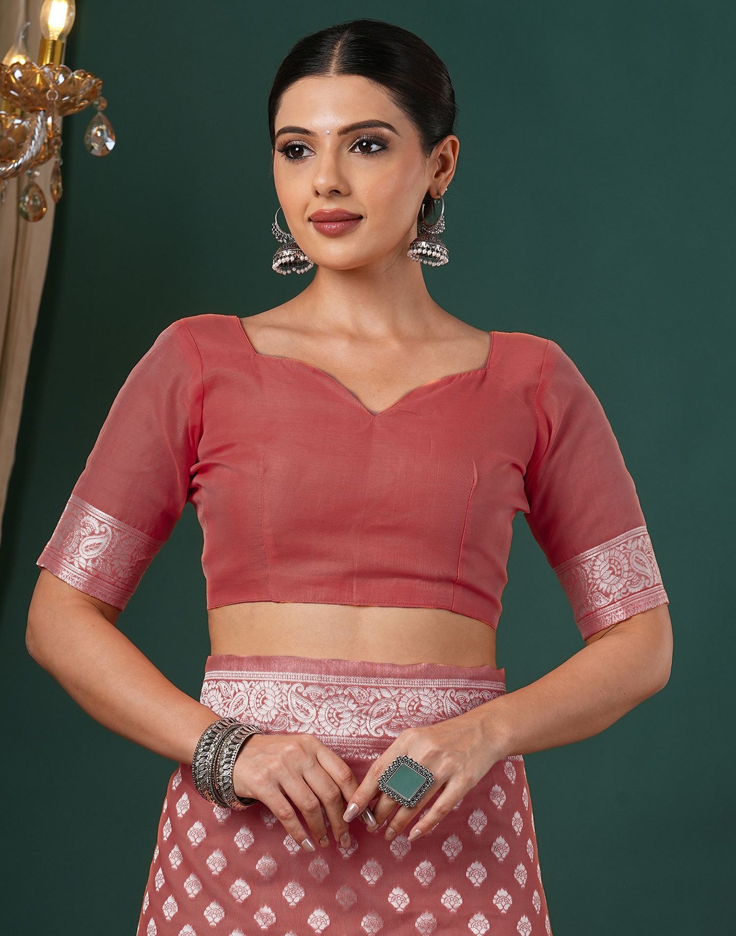 Coral Pink Chanderi Woven Saree