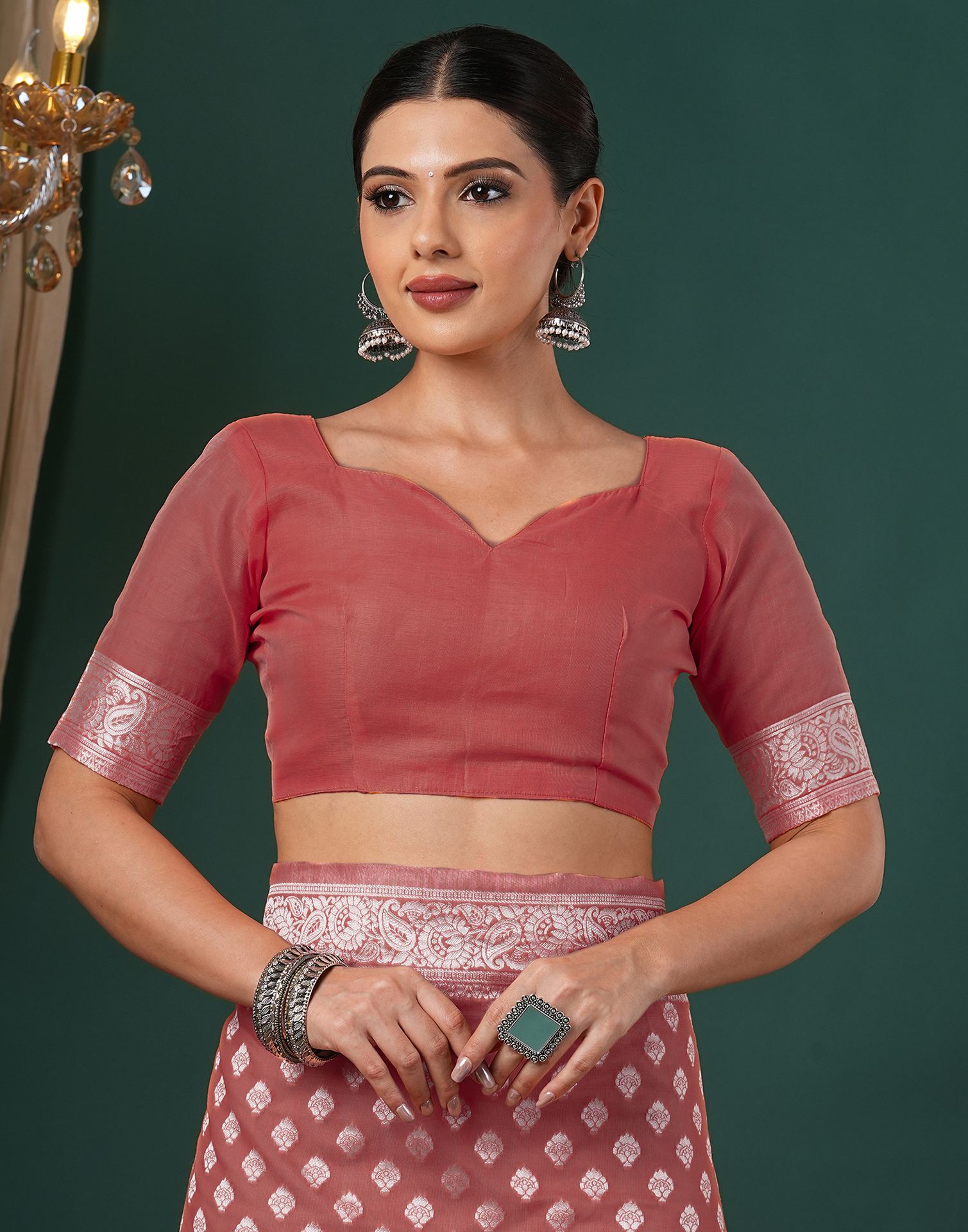 Coral Pink Chanderi Woven Saree