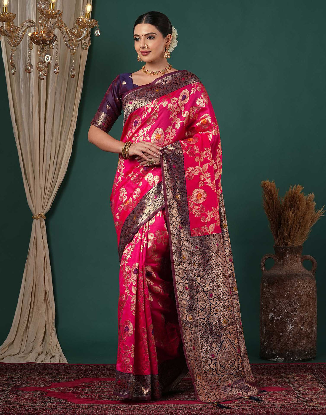 Rani Pink Silk Woven Banarasi Saree