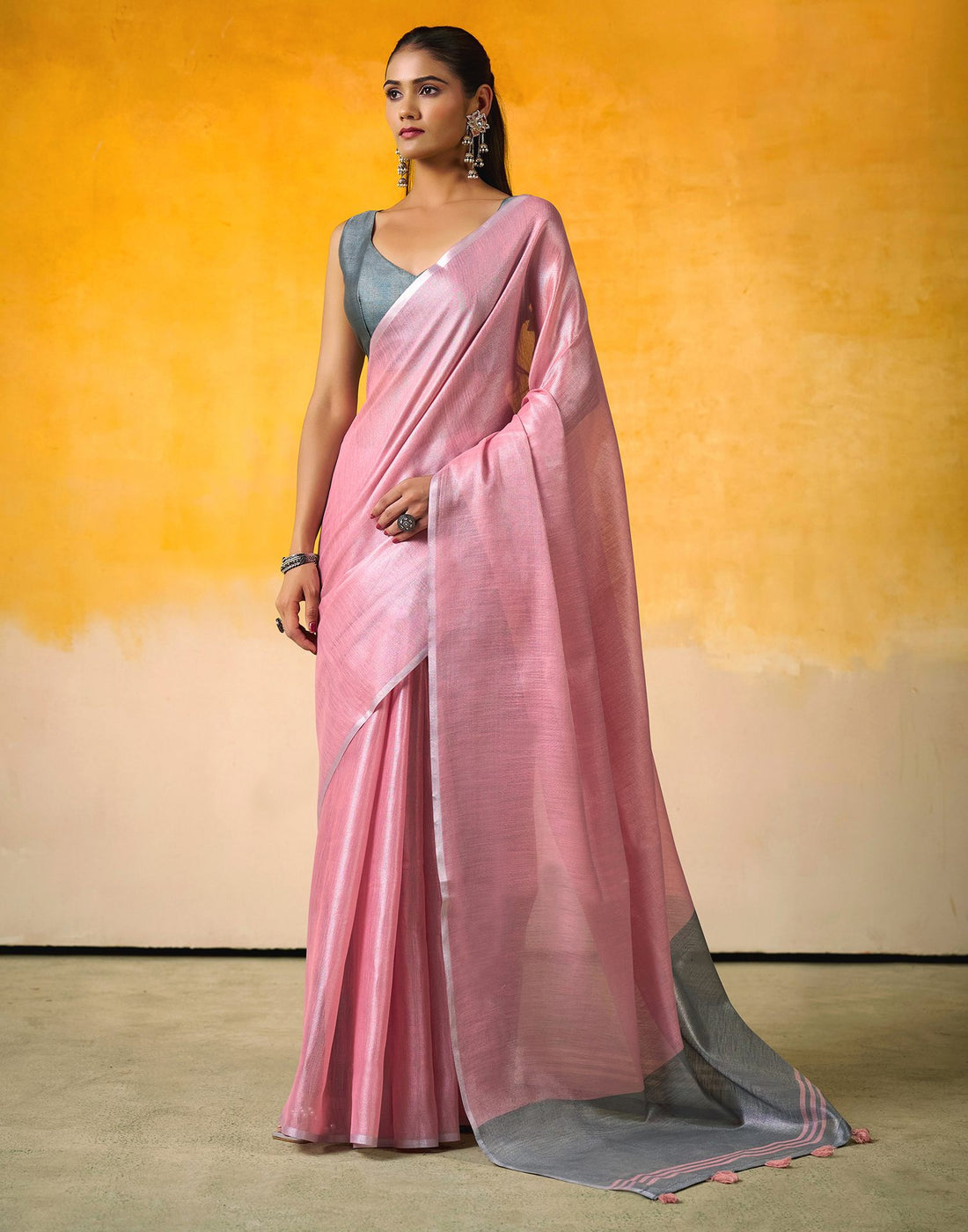 Pink Tissue Silk Woven Plain Saree