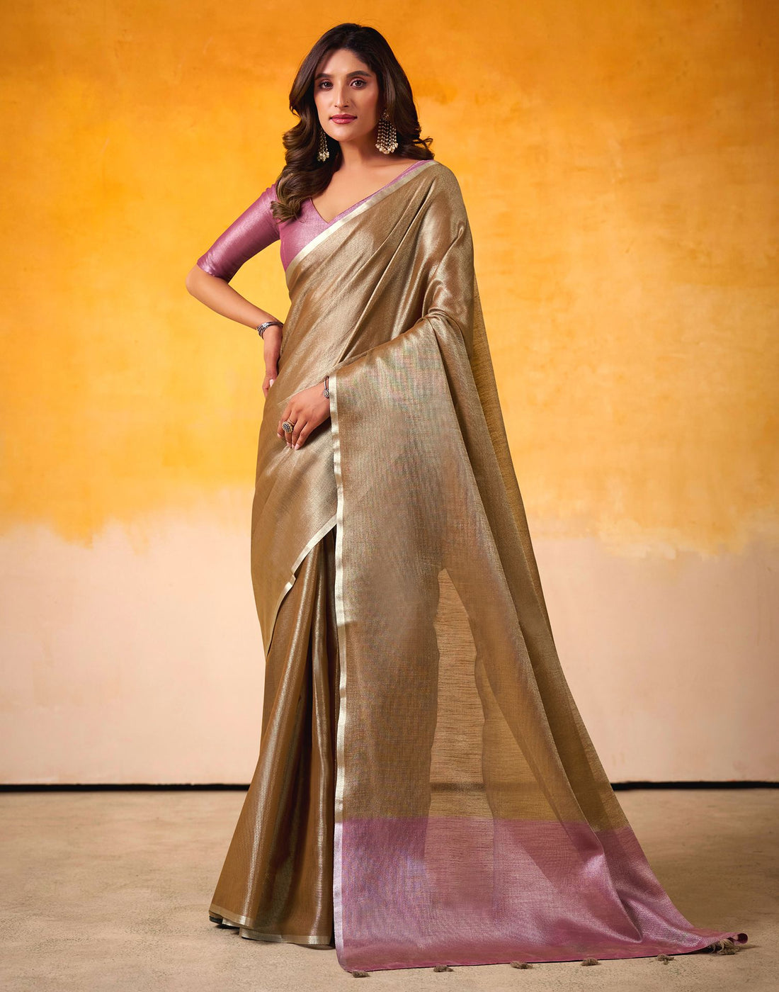 Golden Brown Tissue Silk Woven Plain Saree