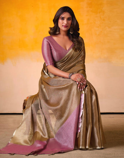 Golden Brown Tissue Silk Woven Plain Saree
